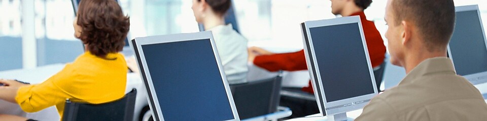  rear view of four business executives using computers in an office